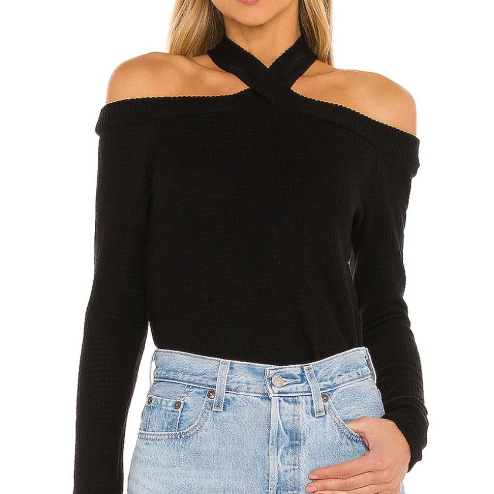 Cross Neck Cold Shoulder Crewneck